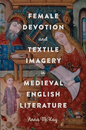 Book cover depicting medieval figures with weaving tools and religious text.