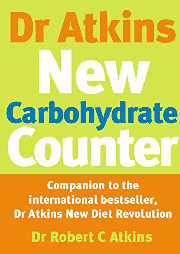 Book cover: "Dr Atkins New Carbohydrate Counter" with orange and green text.