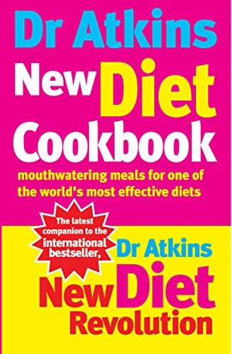 Book cover: "Dr Atkins New Diet Cookbook" with bold yellow and pink text.