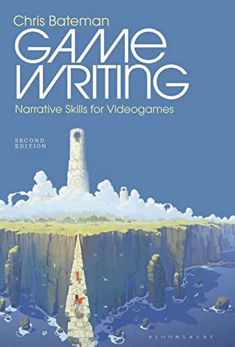 Book cover: “Game Writing” with illustrated landscape and text.