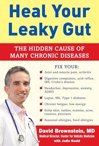 Book cover with a doctor, title “Heal Your Leaky Gut,” and listed conditions.