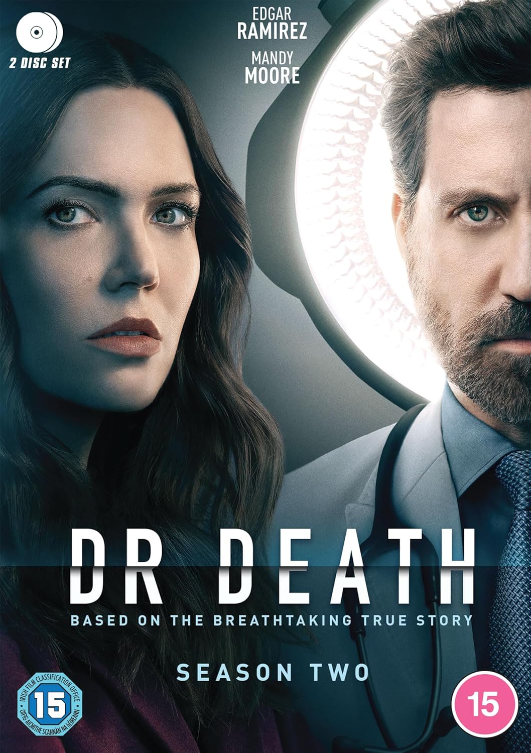 DVD cover for Dr. Death Season Two featuring Mandy Moore and Edgar Ramirez.