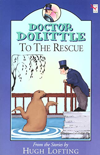 Book cover: Dr. Dolittle with a seal, standing by steps.