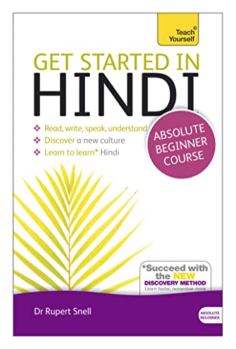 Book cover for Get Started in Hindi with a yellow palm leaf illustration.