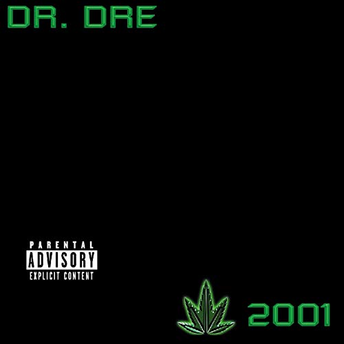 "Black album cover with green text 'Dr. Dre 2001' and a marijuana leaf."