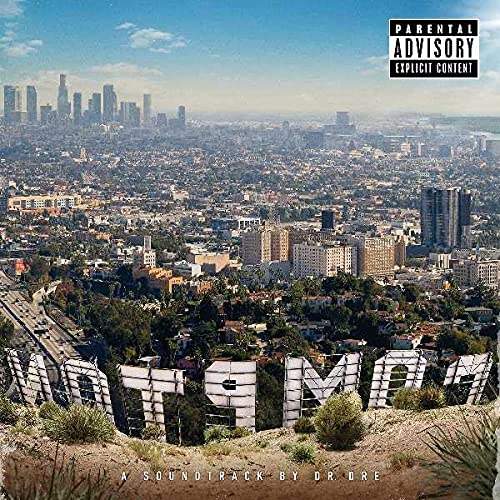 Dr. Dre’s “Compton” vinyl cover: cityscape with Hollywood sign, parental advisory label.