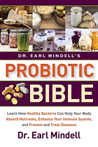 Book cover for “Dr. Earl Mindell’s Probiotic Bible” with food imagery.