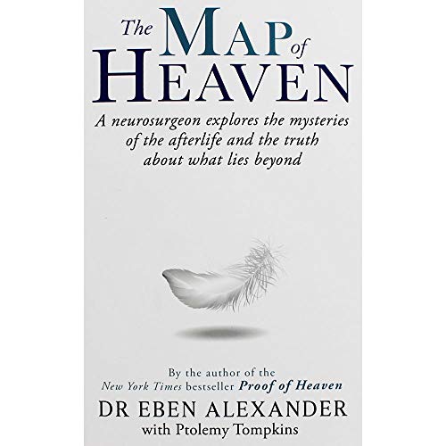 Book cover: “The Map of Heaven” with a feather and author Dr. Eben Alexander.
