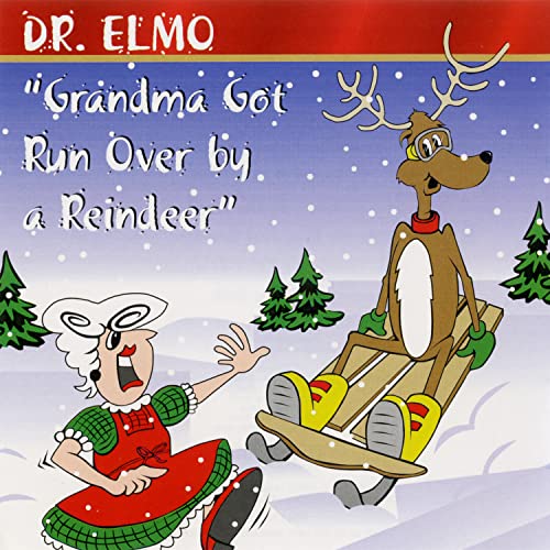 CD cover: cartoon reindeer sledding over a surprised grandmother.
