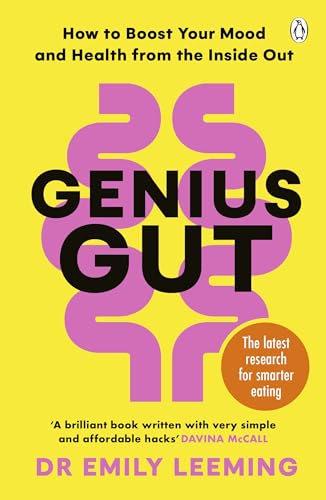 Book cover: "Genius Gut" with yellow background and pink intestine illustration.