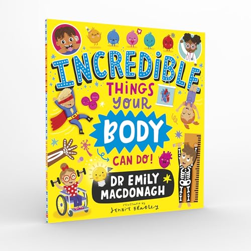 Bright children’s book cover with illustrated people and body parts.