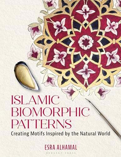 Book cover featuring a floral Islamic biomorphic pattern, a gold paint shell, and brush.