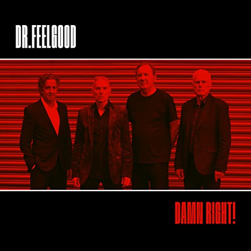 Dr. Feelgood band portrait with red and black striped background.