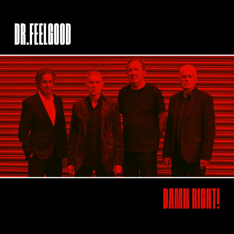 Dr. Feelgood band portrait with red and black striped background.