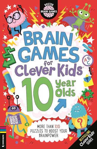 Book cover with colorful illustrations and large text: “Brain Games for Clever Kids 10 year olds”.