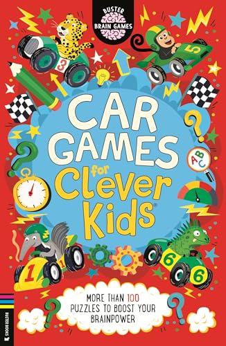Colorful book cover with cars, puzzles, and the title "Car Games for Clever Kids".