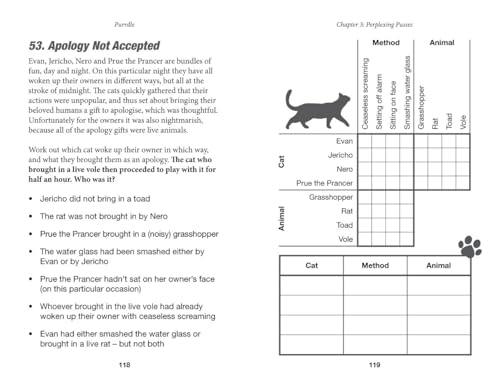 Open book page with a logic puzzle and illustration of a grey cat.