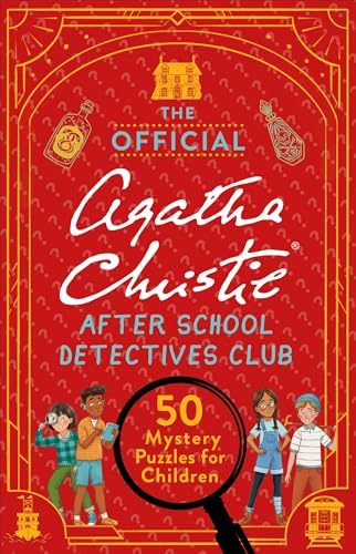 Red book cover with children, magnifying glass, and “Agatha Christie” title.