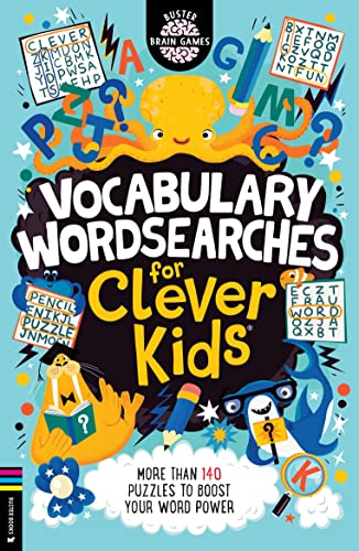 Colorful book cover with octopus, pencils, and word search puzzles.