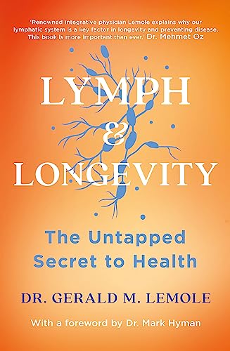Book cover titled Lymph & Longevity with a blue lymphatic system illustration on orange.