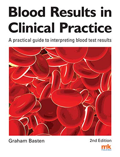 Book cover: "Blood Results in Clinical Practice" with red blood cells.