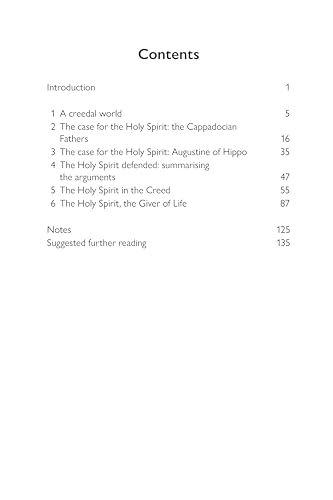 Book contents page listing chapters about the Holy Spirit and theology.