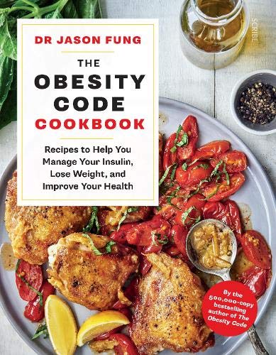 Book cover for The Obesity Code Cookbook by Dr. Jason Fung featuring roasted chicken.