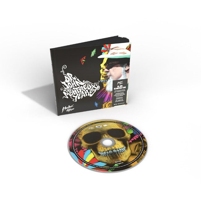"CD case and disc with skull design, colorful graphics, and text on black background."