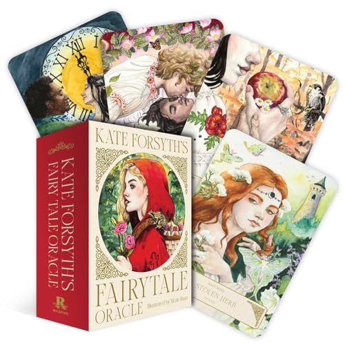 Red fairytale oracle card deck and box with illustrated characters.