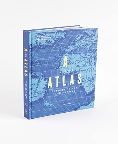 Hardcover book titled A is for Atlas with a blue vintage map cover design.