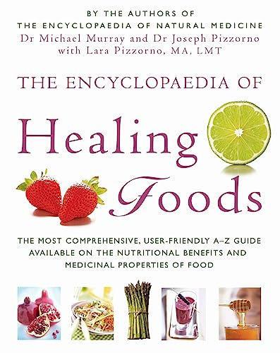 Book cover: "The Encyclopaedia Of Healing Foods" with fruits and vegetables.