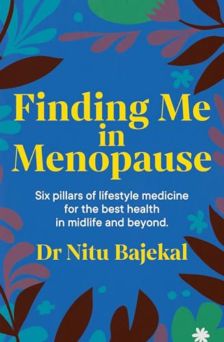 Book cover titled Finding Me in Menopause by Dr Nitu Bajekal with floral illustrations.