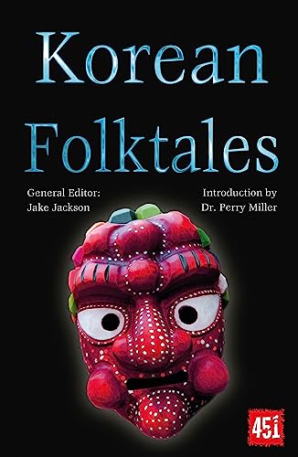Book cover for “Korean Folktales” featuring a red Korean mask.