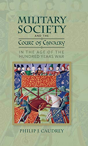 Book cover depicting medieval jousting scene and text about military society.