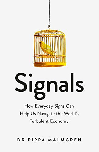 Book cover: yellow bird in cage above title "Signals" and author name.