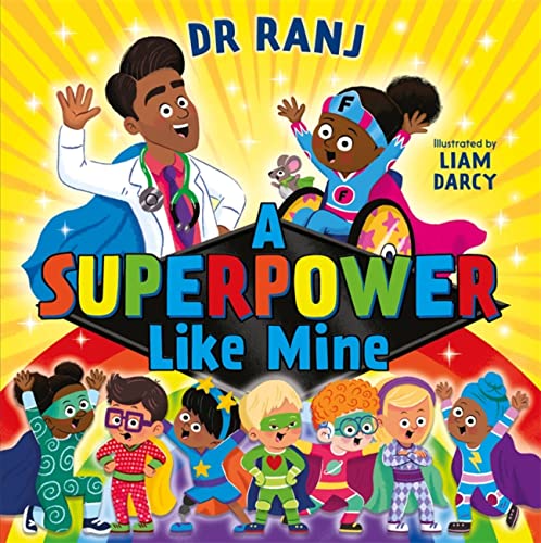 Book cover: two children in capes with diverse kids below, colorful background.