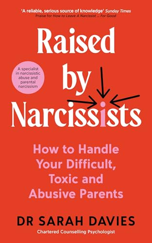 Red book cover with white text: "Raised by Narcissists" and author name.