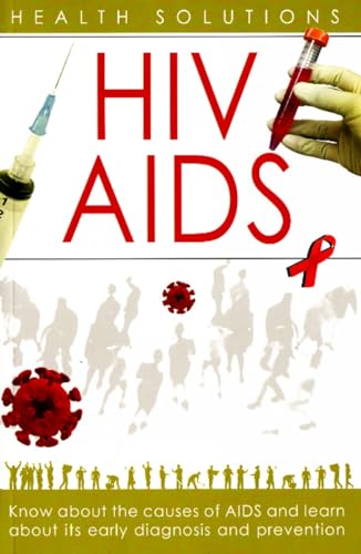 Book cover titled HIV AIDS featuring a syringe, test tube, red ribbon, and virus graphics.