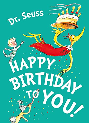 Dr. Seuss birthday card with a bird, boy, and cake illustration.