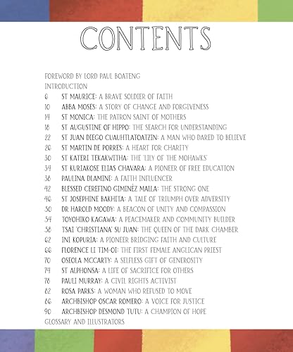 Book’s contents page listing 22 Christian figures and their stories.