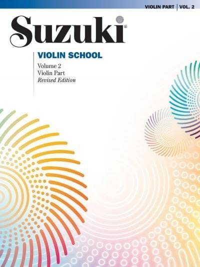 Cover of Suzuki Violin School Volume 2 music book with abstract colorful circular patterns.