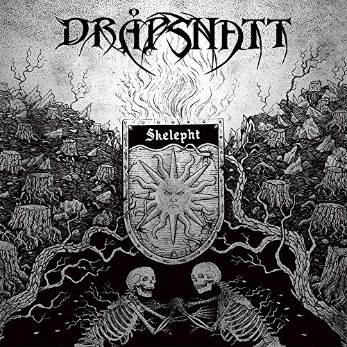 Black and white album cover with skeletons, a shield, and burning trees.