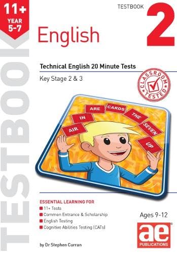 “11+ English Testbook 2” cover with a cartoon boy and colorful cards.