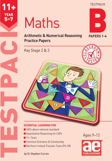 11+ Maths Testpack B cover, showing a boy with colourful geometric shapes.