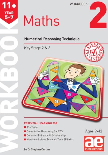 Colourful workbook cover with maths problems and illustrations for 11+ year 5-7 students.
