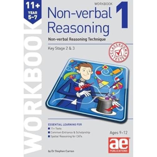 “11+” workbook cover with a magician and colorful shapes, for ages 9-12.