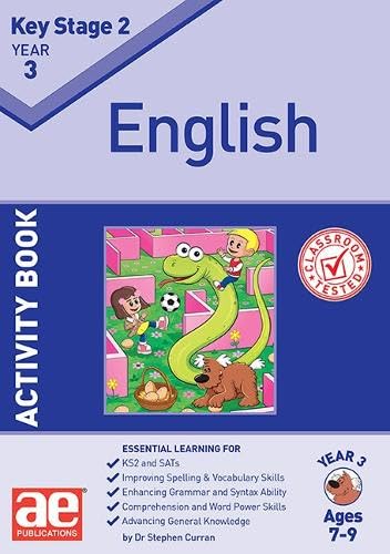 Year 3 English activity book cover with children, a dragon, and a bear.