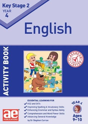 Front cover of KS2 Year 4 English activity book with cartoon children and animals.