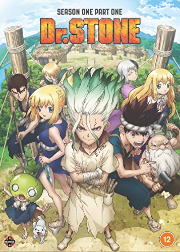 "Dr. Stone Season 1 Part 1 DVD cover featuring anime characters in a village setting."
