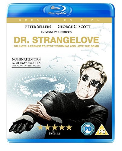 "Blu-ray case for 'Dr. Strangelove' with Peter Sellers in a black uniform."